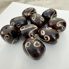 brown off white, floral motif, faux bone look, vintage stock resin, 35x28mm barrel, sold per bead