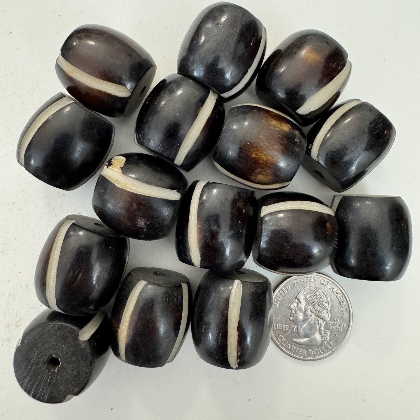 brown off white, carved line motif, faux bone look, vintage stock resin, 20mm barrel, sold per bead