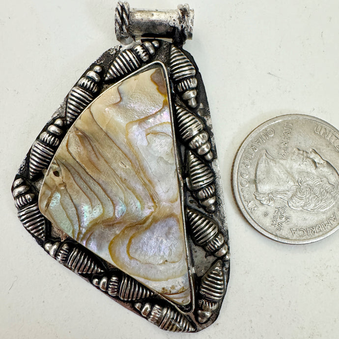 abalone, antique silver plated metal, shell border motif, vintage stock, 60x37x5mm, one of a kind pendant