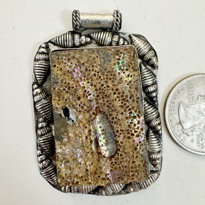 abalone, antique silver plated metal, shell border motif, vintage stock, 52x37x7mm, one of a kind pendant