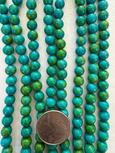 color enhanced magnesite: dark turquoise blue lime green, 8mm round, 15" strand,  SOLD PER STRAND