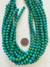 color enhanced magnesite: dark turquoise blue lime green, 8mm round, 15" strand,  SOLD PER STRAND