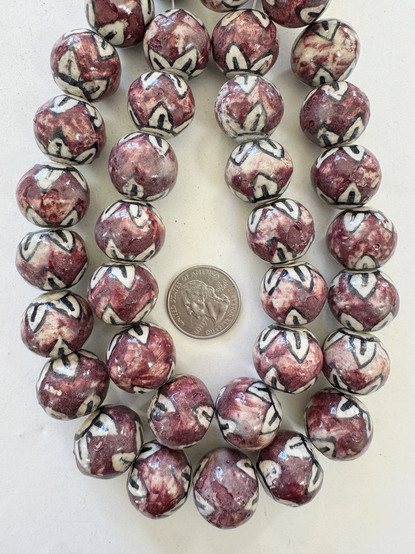 dark pale red purple black off white, hand painted floral motif, vintage stock ceramic, 20mm semi round, 15