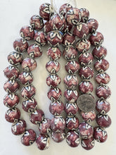 dark pale red purple black off white, hand painted floral motif, vintage stock ceramic, 20mm semi round, 15" strand, sold per strand