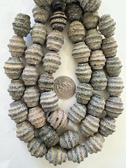 dark pale green sandy multi color, ancient look motif, vintage stock glass, 21x18mm ridged barrel, 15