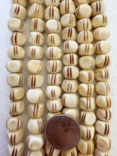 off white brown, carved line motif, vintage stock bone, 11x9mm 3 sided rondelle, 11.5" strand, SOLD PER  STRAND
