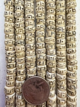 off white black, carved dot greek key motif, vintage stock bone, 8x6mm rondelle, 15" strand, SOLD PER STRAND