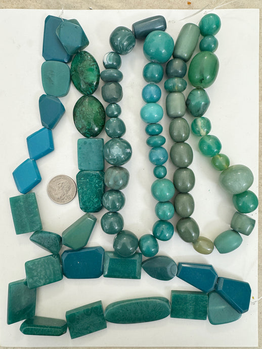 blue green tones mix, vintage look resin, size and shape mix, 15