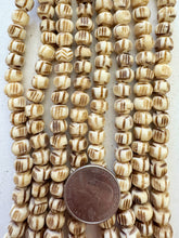 off white brown, carved 3 lines motif, vintage stock bone, 8x6mm rondelle, 15" strand, SOLD PER STRAND