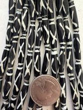 black off white, x motif, vintage stock bone, 25x5mm bowed tube, 15" strand, SOLD PER STRAND