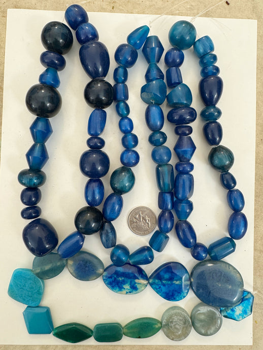 blue tones mix, vintage look resin, size and shape mix, 15