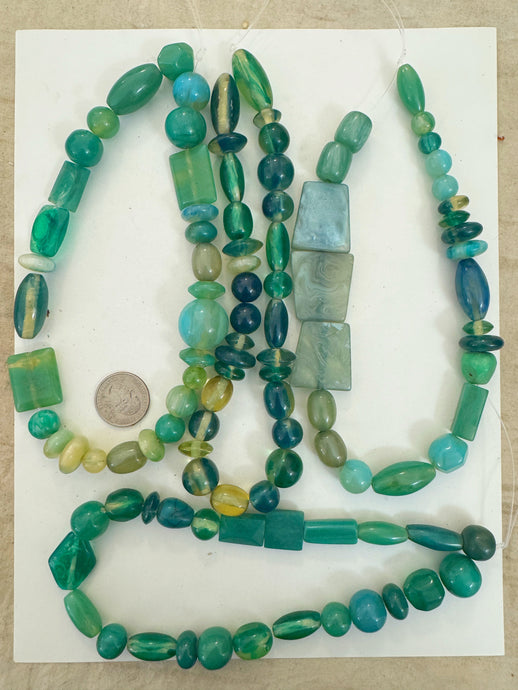 green blue tones mix, vintage look resin, size and shape mix, 15