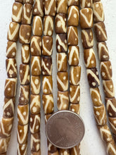golden brown off white, line dot motif, vintage stock bone, 12x7mm tube, 15" strand, SOLD PER STRAND (batch 2)