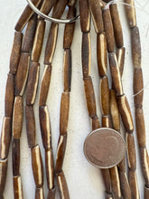 golden brown off white, lines motif, vintage stock bone, 24x6mm bowed tube, 15" strand, SOLD PER STRAND (batch 3)