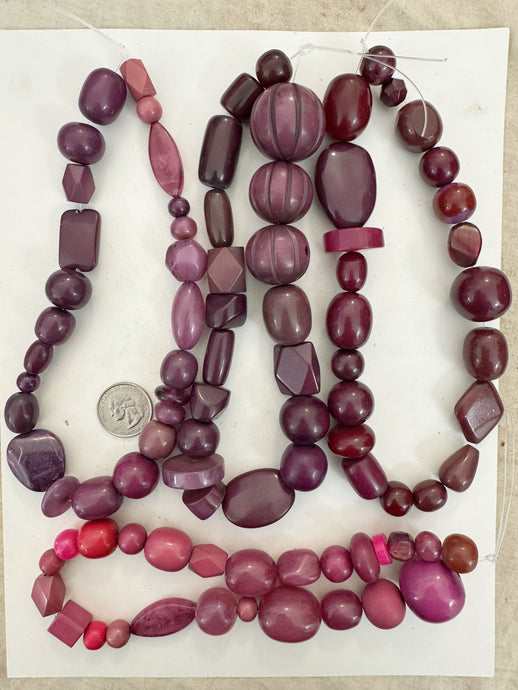 red purple tones mix, vintage look resin, size and shape mix, 15