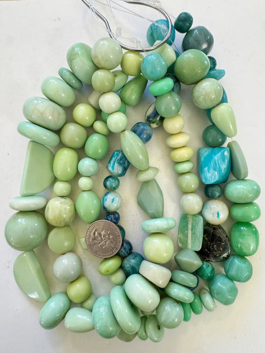 bluw mint green tones mix, vintage look resin, size and shape mix, 15