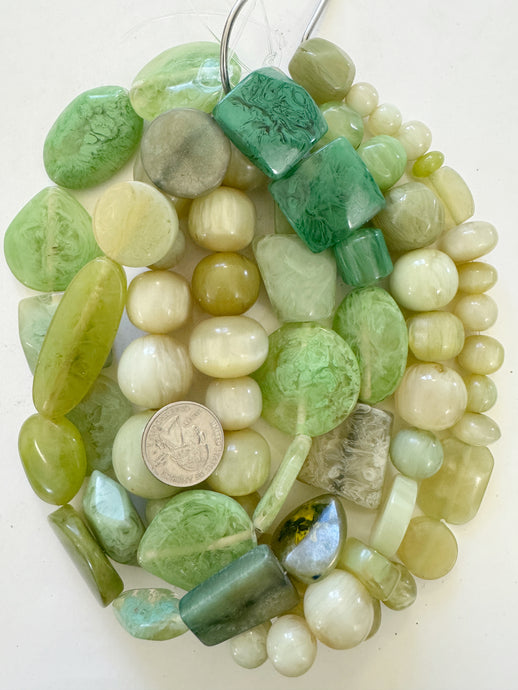 pale yellow green tones mix, vintage look resin, size and shape mix, 15