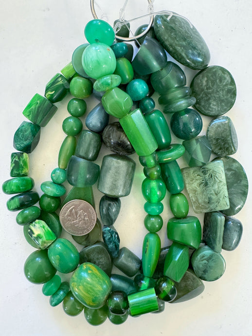 green tones mix, vintage look resin, size and shape mix, 15