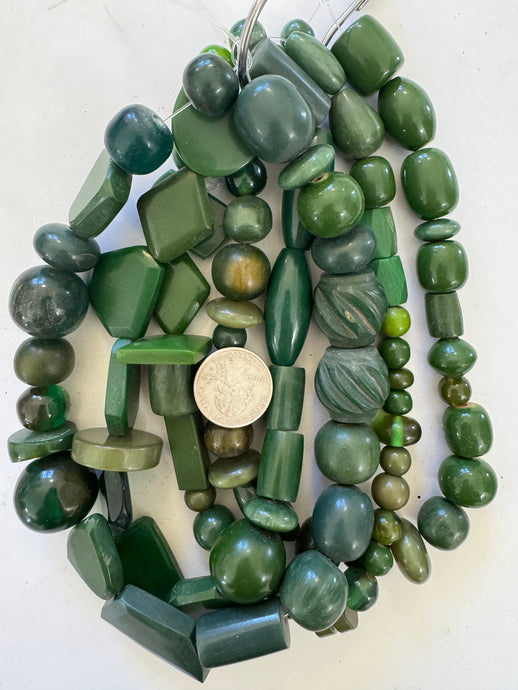 dark green tones mix, vintage look resin, size and shape mix, 15