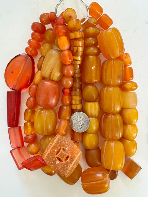 amber orange tones mix, vintage look resin, size and shape mix, 15