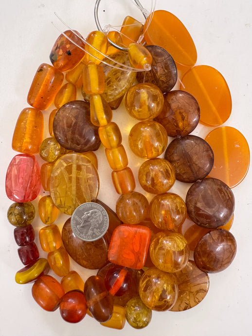amber red orange tones mix, vintage look resin, size and shape mix, 15