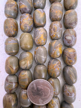 brown gray jasper, semi dull finish, 17x13x13mm barrel, 15" strand,  SOLD PER STRAND
