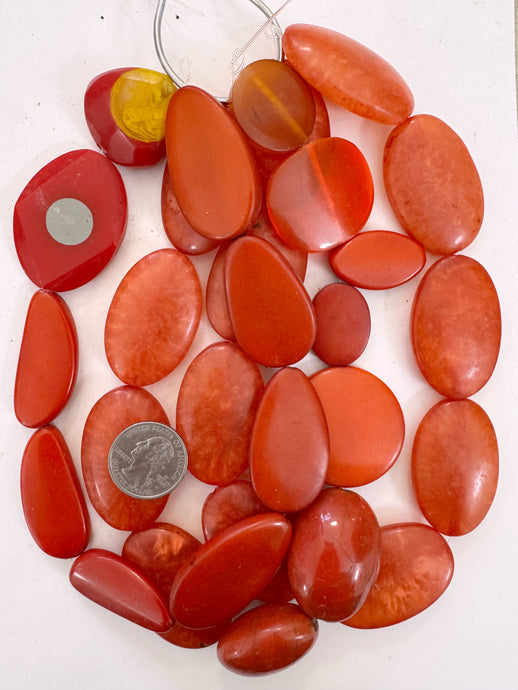 red orange tones mix, vintage look resin, size and shape mix, 15