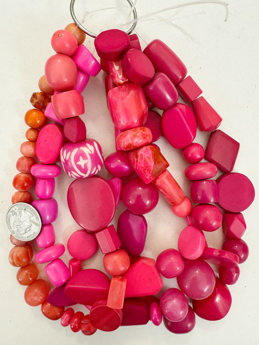 hot pink tones mix, vintage look resin, size and shape mix, 15