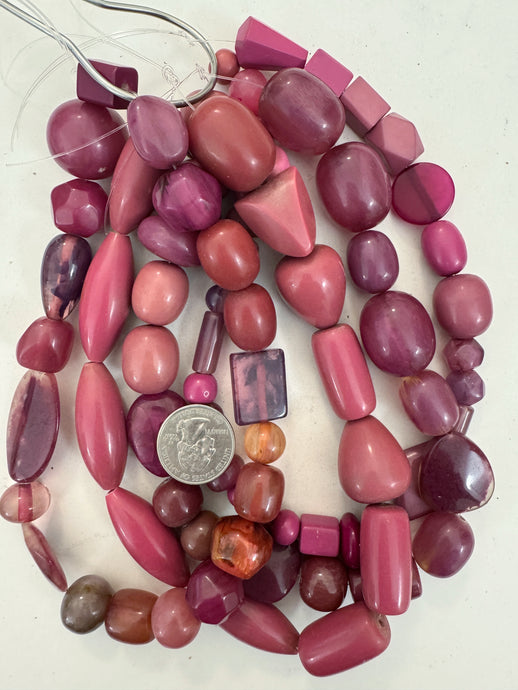purple pink tones mix, vintage look resin, size and shape mix, 15