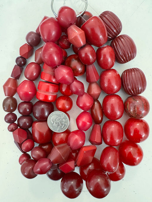 red tones mix, vintage look resin, size and shape mix, 15