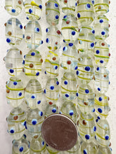 clear blue green orange yellow, dotted motif, vintage stock glass, 19x10mm bowed tube raised dots, 6" strand, SOLD PER STRAND