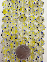 clear blue yellow dark purple, dotted motif, vintage stock glass, 14mm round raised dots, 6" strand, SOLD PER STRAND