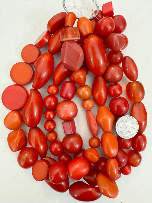 red orange tones mix, vintage look resin, size and shape mix, 15