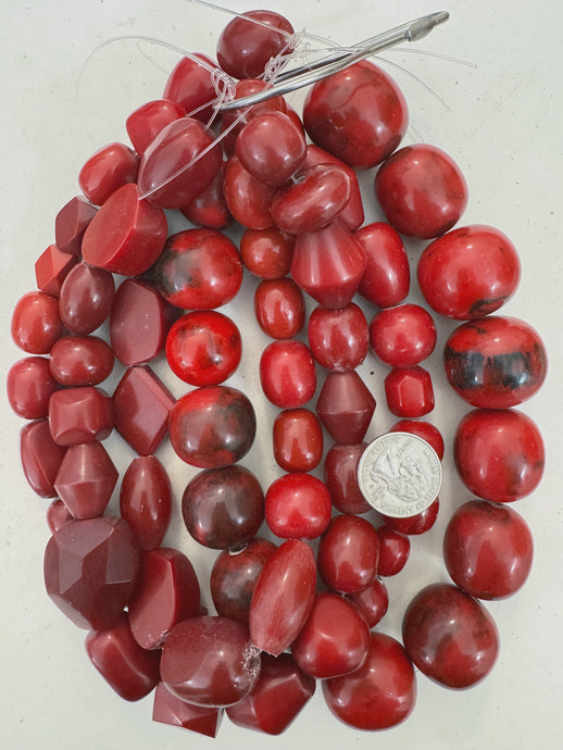 red tones mix, vintage look resin, size and shape mix, 15