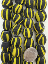 matte yellow black stripe motif, vintage stock glass, 18mm irregular round mix, 6" strand, SOLD PER STRAND