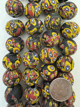 matte yellow red white blue black millefiori motif, vintage stock glass, 19-20mm round mix, 6" strand, SOLD PER STRAND