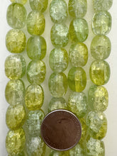 lemon lime green yellow , crackle motif, vintage stock glass, 16x13mm barrel, , 6" strand, SOLD PER STRAND