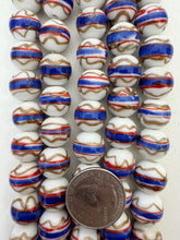 red white blue copper, stripe swirl motif, vintage stock glass, 14mm round, 6" strand, SOLD PER STRAND