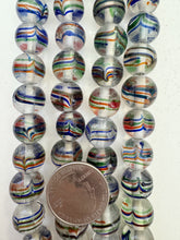clear blue red green red, drawn swirl motif, vintage stock glass, 12x12mm rondelle, 6" strand, SOLD PER STRAND