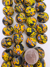 matte yellow orange red white blue black millefiori motif, vintage look glass, 19-20mm round mix,  6" strand, SOLD PER STRAND