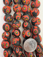 matte red yellow white black millefiori motif, vintage look glass, 17-18mm round mix, 6" strand, SOLD PER STRAND