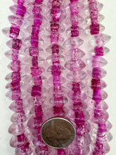 clear dark hot pink inside line stripe, vintage look glass, 16x7mm pointed saucer rondelle,  6" strand, SOLD PER STRAND