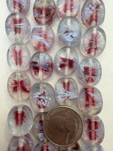 clear red purple periwinkle blue, dotted swirl inside lined motif, vintage stock glass, 18x15x7mm oval, 6" strand, SOLD PER STRAND