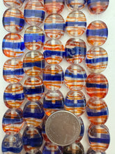 clear blue red, stripe swirl motif, vintage stock glass, 19x16x7mm oval, 6" strand, SOLD PER STRAND