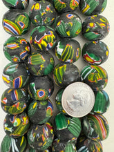 matte green yellow red white blue black millefiori motif, vintage stock glass, 18-21mm round mix,  6" strand, SOLD PER STRAND