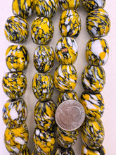 black white pale yellow spotted swirl, vintage look glass, 22x20mm barrel,  6" strand, SOLD PER STRAND
