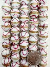 white dark magenta copper green, dotted swirl line motif, vintage stock glass, 16x14mm rondelle,  6" strand, SOLD PER STRAND