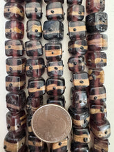 dark red purple black copper, dotted stripe motif, vintage stock glass, 12mm cube, 6" strand, SOLD PER STRAND