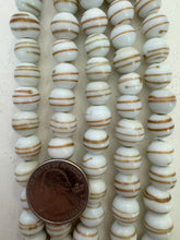 white copper, swirl motif, vintage stock glass, 11x10mm rondelle, 6" strand, SOLD PER STRAND