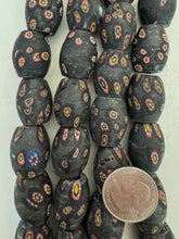 matte pale dark olive green red white yellow black millefiori motif, vintage stock glass, 24x18mm bowed barrel mix, 6" strand, SOLD PER STRAND